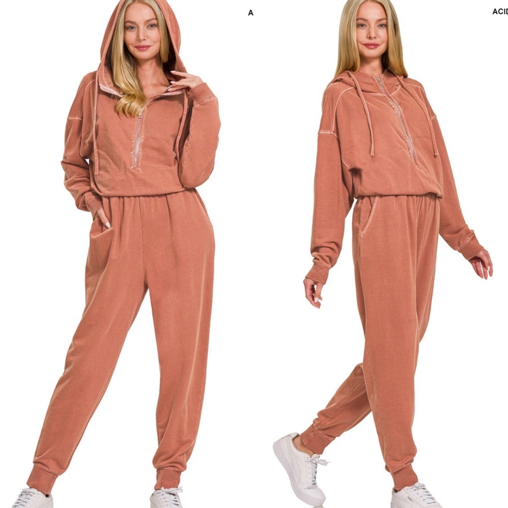 NEW Zenana Rust French Terry Cotton Hooded Jogger Jumpsuit Loungewear Size Small